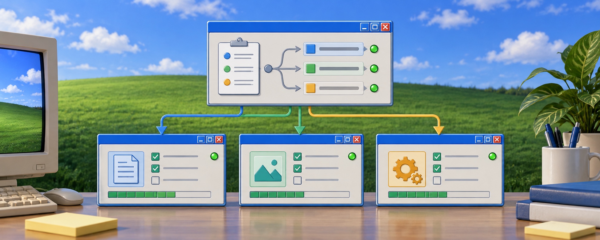 A central Windows-style coordinator routes three clearly owned tasks to three worker windows.